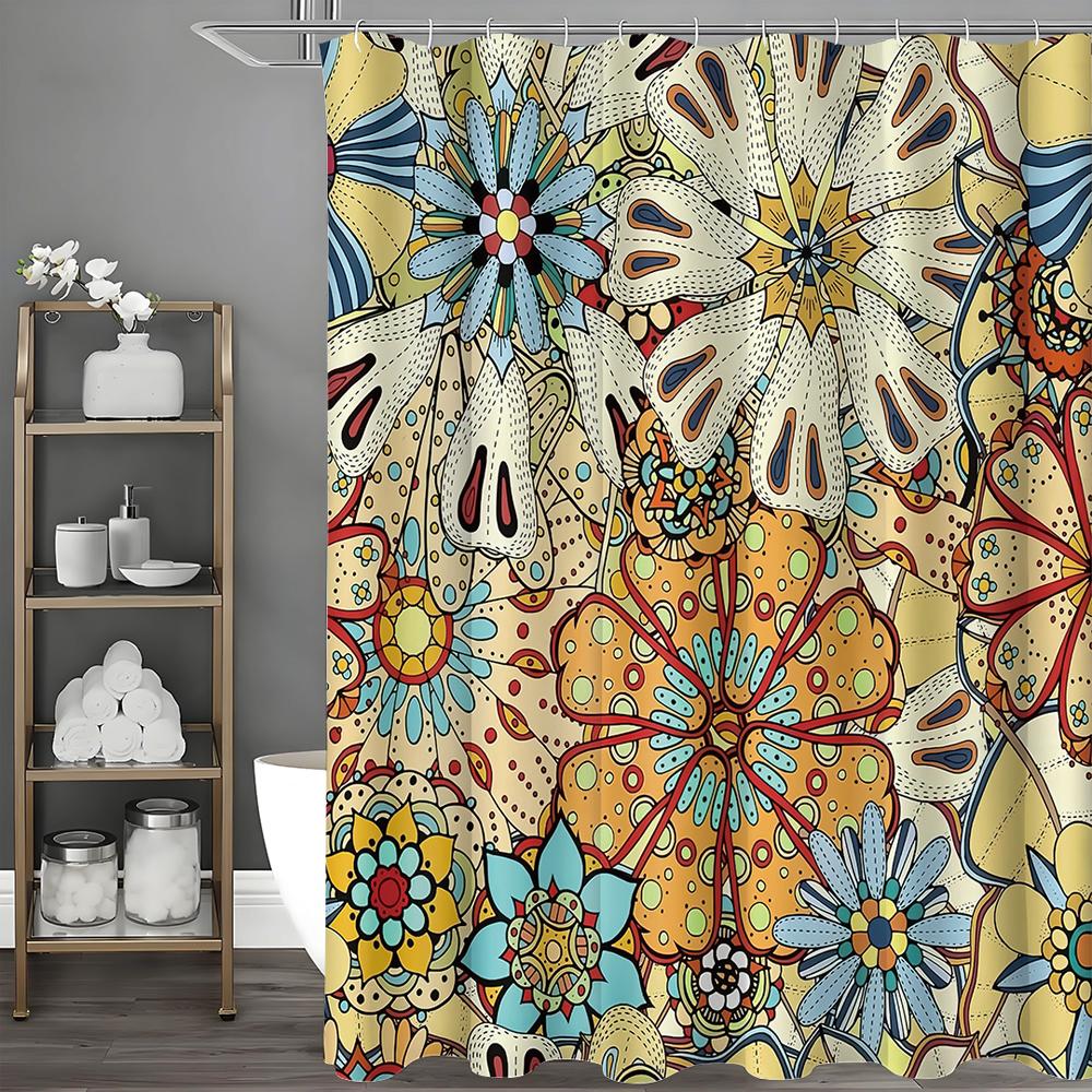 Colorful retro hippie flower shower curtain, bathroom decoration shower curtain, waterproof shower curtain with hooks