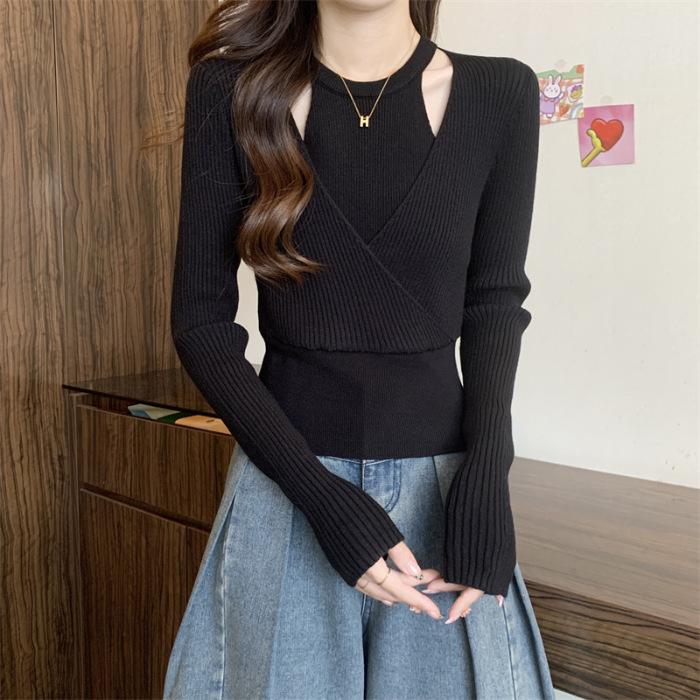 Fake Two Hanging Neck Knitted Bottom Shirt for For Women In Spring and Autumn Slim Look Chic Chic with Sweater Long-sleeved Blouse
