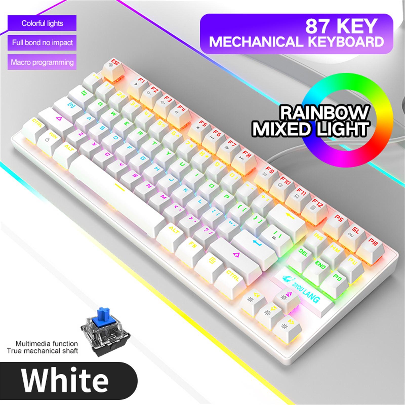 

Механическая клавиатура K2, 87 клавиш, расположение клавиш, светодиодная радужная подсветка, синие переключатели, проводные белый