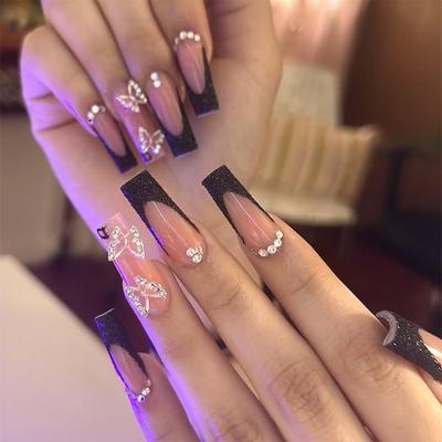 Press on Nails Französisches Acryl, extra lang, mit Strasssteinen, glänzend, DIY-Maniküre, vollständige Abdeckung, lange künstliche Nägel