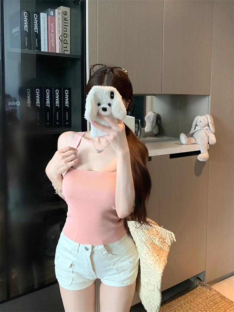 Yellow Square Neck Knitted I-shaped Sling Vest Women's Summer Inner Slim-fit Bottoming Shirt Spice Girl Short Outerwear Top
