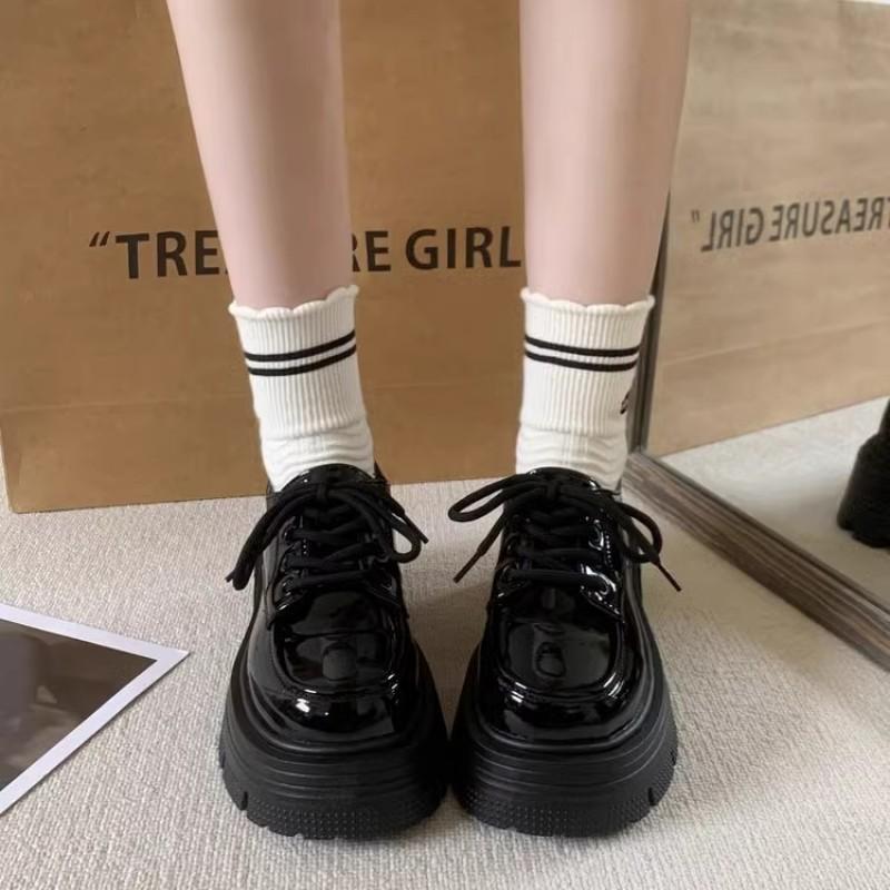 Black Brown Thick-soled Heightening Small Leather Shoes Women's Muffin Bottom Lace-up Round Head Retro Single Shoes