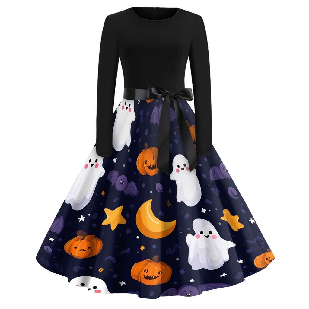 Women's Casual Vintage Halloween Dress Long Sleeve Round Neck Retro Print Fit and Flare Midi Dress with Waist Tie Belt