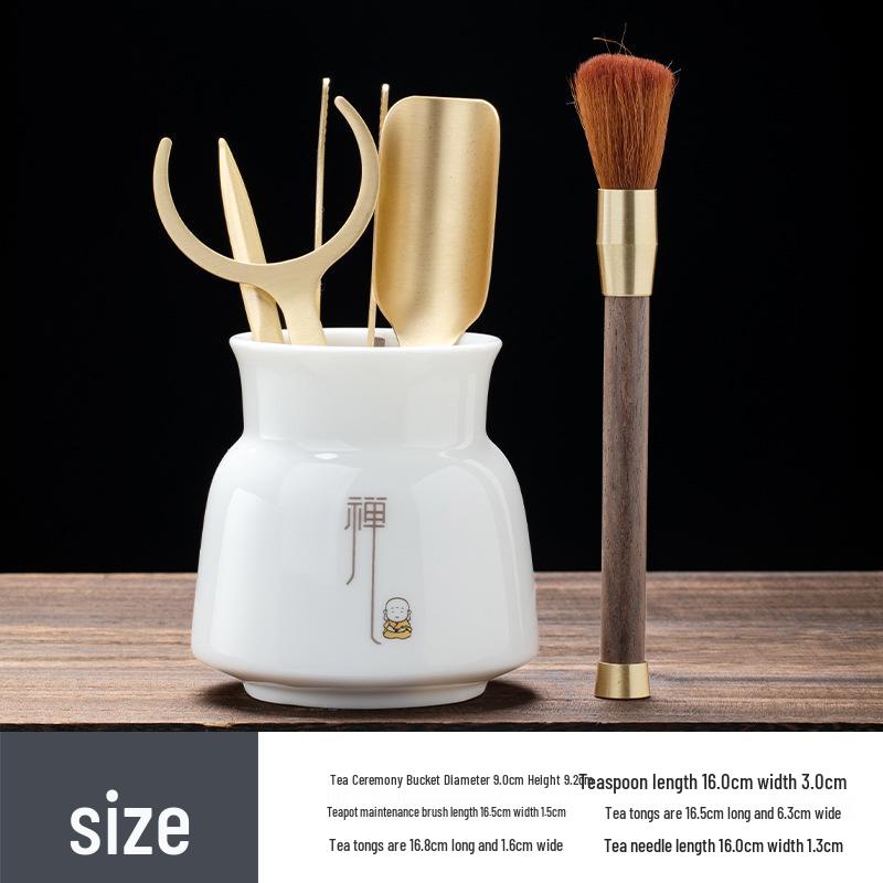 Zen Style Porcelain Tea Ceremony Set: Mutton Fat Jade & Copper Gongfu Tools - 6 Gentlemen
