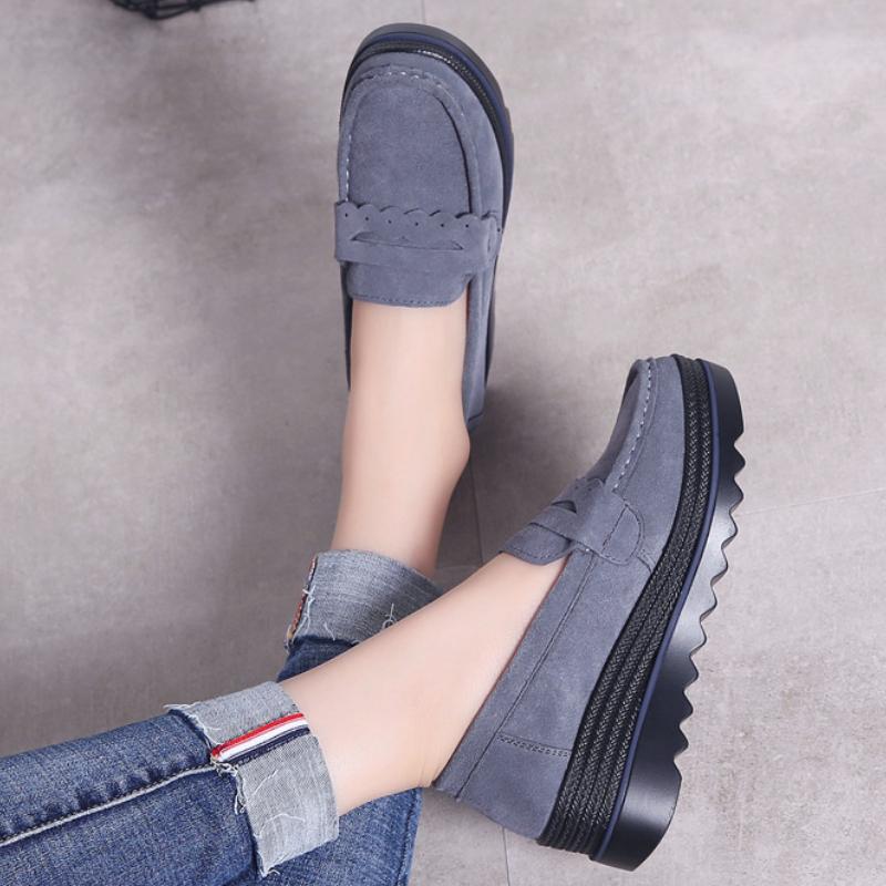 Dámské mokasíny z pravé kůže s plyšovou podšívkou, elegantní boty na platformě, nazouvací, ležérní boty pro matky, módní rockerky