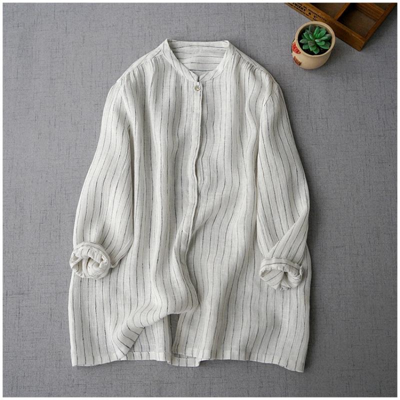 Women s Summer Striped Cotton Linen Shirt - Artistic, Casual, Loose-Fit, Three-Quarter Sleeve Top Large
