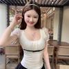 Korean Pure Desire Apricot Square Neck Bubble Short-sleeved T-shirt Women's Spring and Summer Lace Edge Slim-fitting and Thin Outer Top