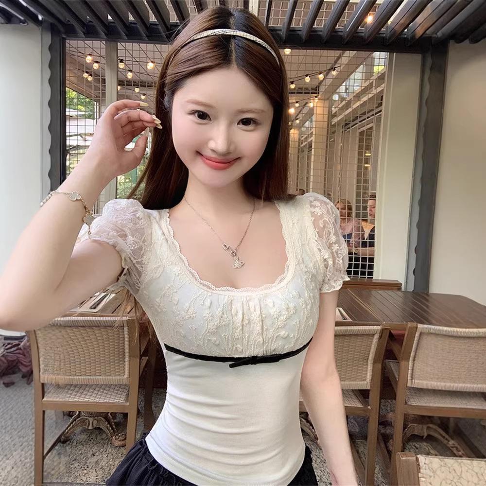 Korean Pure Desire Apricot Square Neck Bubble Short-sleeved T-shirt Women's Spring and Summer Lace Edge Slim-fitting and Thin Outer Top