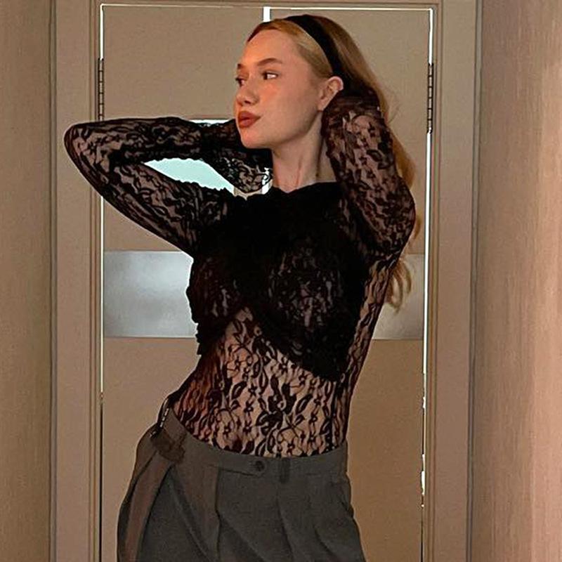 Fashion See Through Lace Round Neck Sexy T-shirt Women Cross Wrapped Chest Flare Sleeve T Shirts Woman Elegant Street Slim Fit Lady Tee Tops 26137