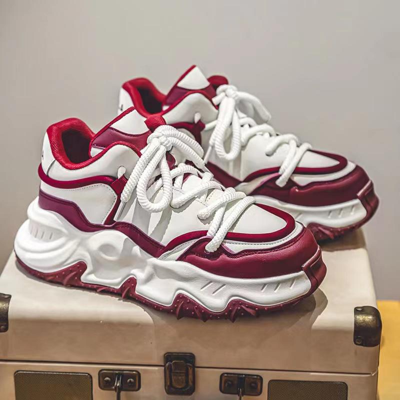 Fashion Chunky Sneakers Men Soft Sole Running Shoes Fashion Casual Leather Color Block Design Breathable Height Increased Platform Shoes