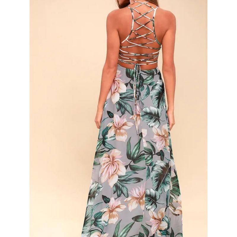 Export Single Lu Home Fashion Beach Style Tropical Rainforest Print Long Summer Elegant Open Back Tied Dress Female