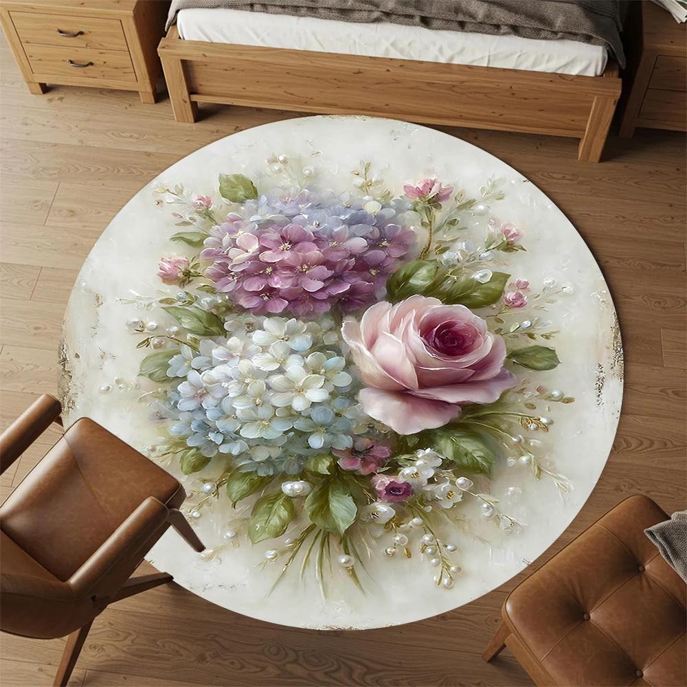 1pc Floral Bouquet Round Chair mat Area Rug - Non-Slip, Floor Mat for Office, Bedroom, and Indoor Decor-1002308