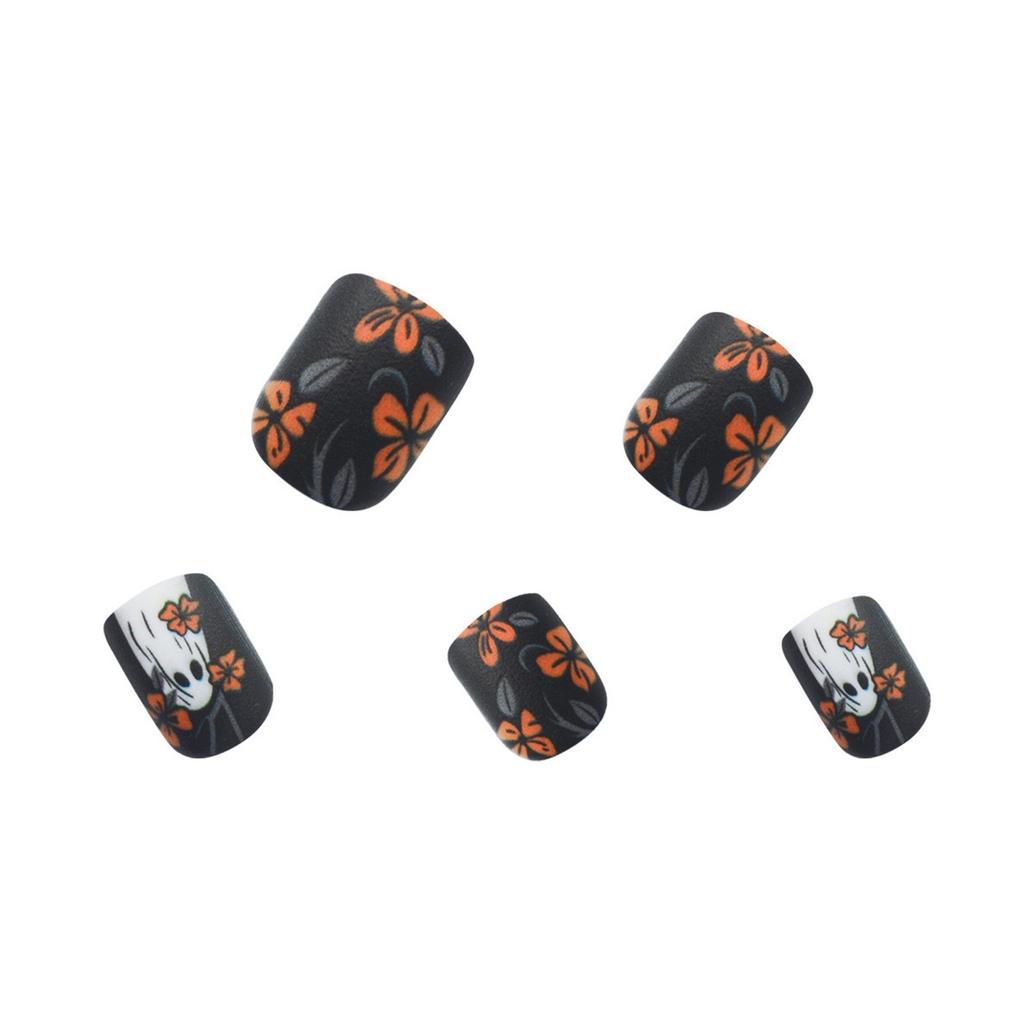 Halloween Fake Nails Dark Forest Yellow Flower Nail Pieces, Cute Short Square Fake Nails, Shiny Black Artificial Nails, 1 Set Of 24pcs