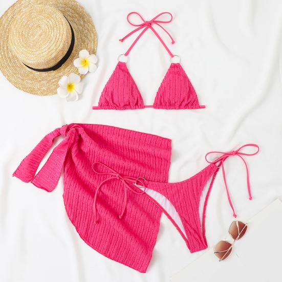 3Pcs/Set Women Sexy Bikini Set Solid Color Halter Bra Low-rise Lace-up Briefs Cover Up Skirt Set Swimwear Beachwear