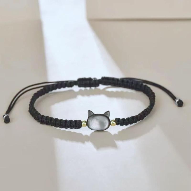 Natural Moonstone Obsidian Bracelet Unique Design Cat Charm Bangle Handwoven Wrist Link Chain Party Accessories for Girl