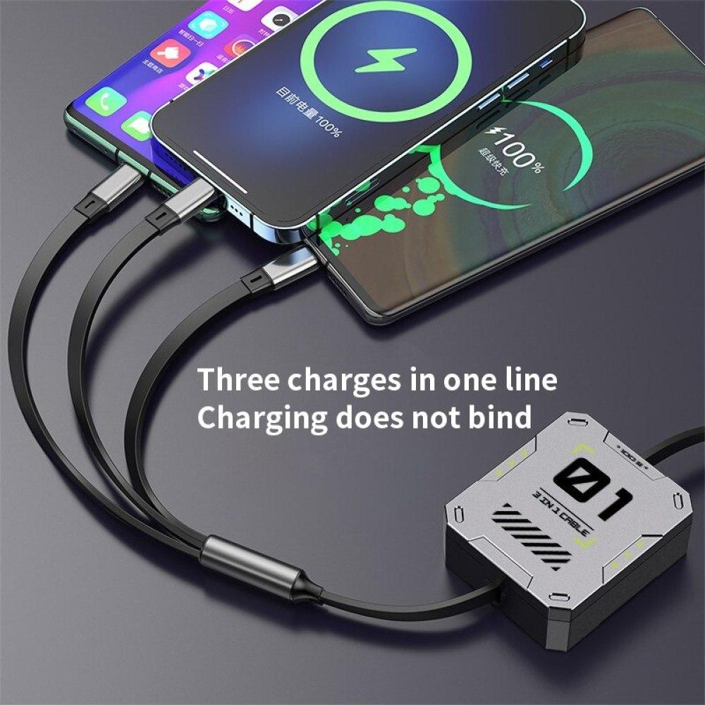 3 In 1 Multi Retractable USB Phone 60w Fast Charging and Data Cable for Lightning/Android/Type-C Devices
