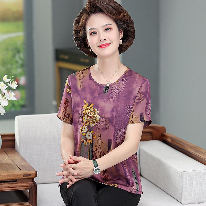 

Women s Summer Silk T-shirt Blouse - Loose Short-Sleeve Top for Middle-Aged Mothers 4XL (recommended 135-150 jin) фиолетовый