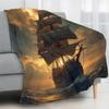 Pirate Ship Sunset Ocean Adventure Fleece Blanket 3D Print Soft Warm Throw Cover Decor Art Gift For Pirate Fans Home Bed Room