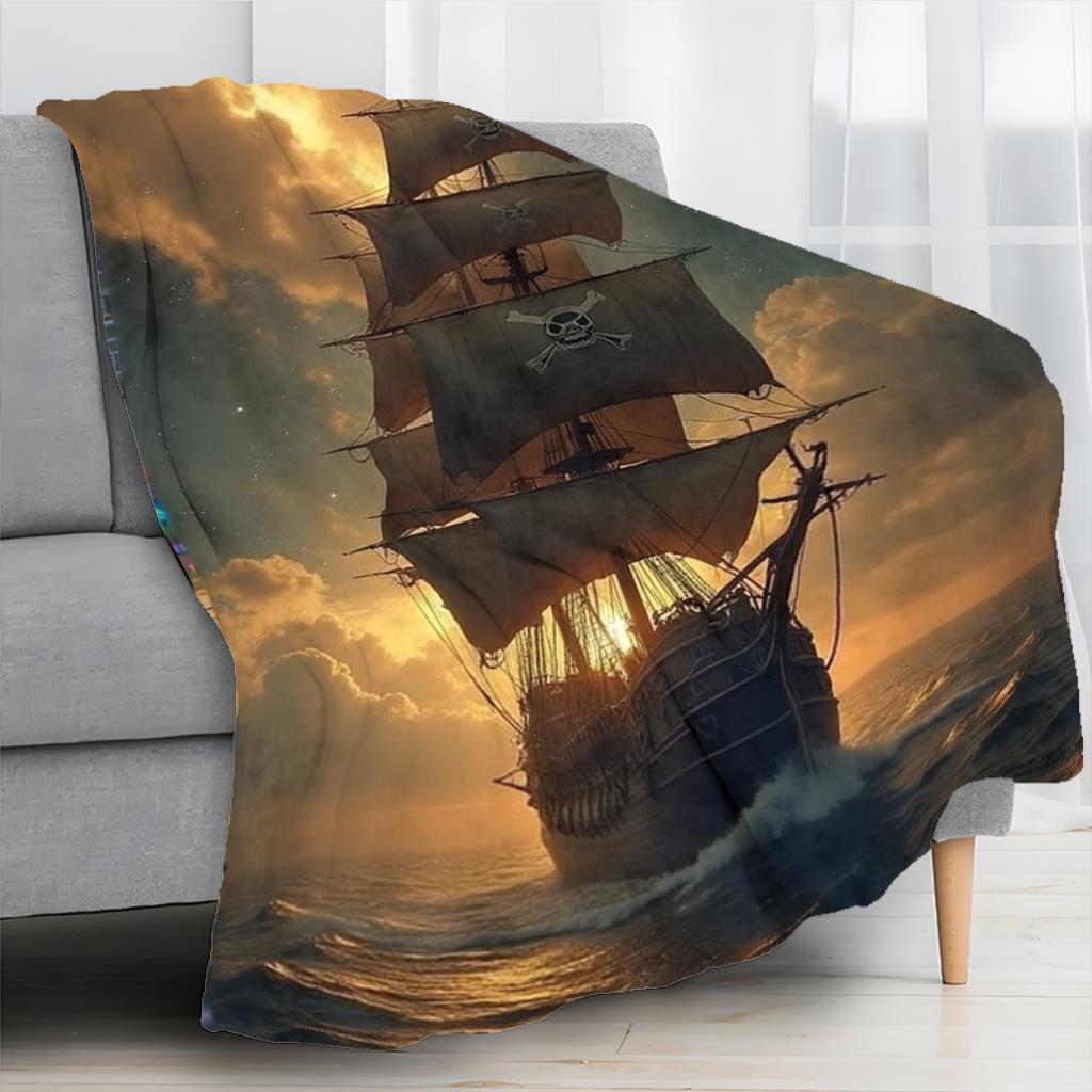 Pirate Ship Sunset Ocean Adventure Fleece Blanket 3D Print Soft Warm Throw Cover Decor Art Gift For Pirate Fans Home Bed Room