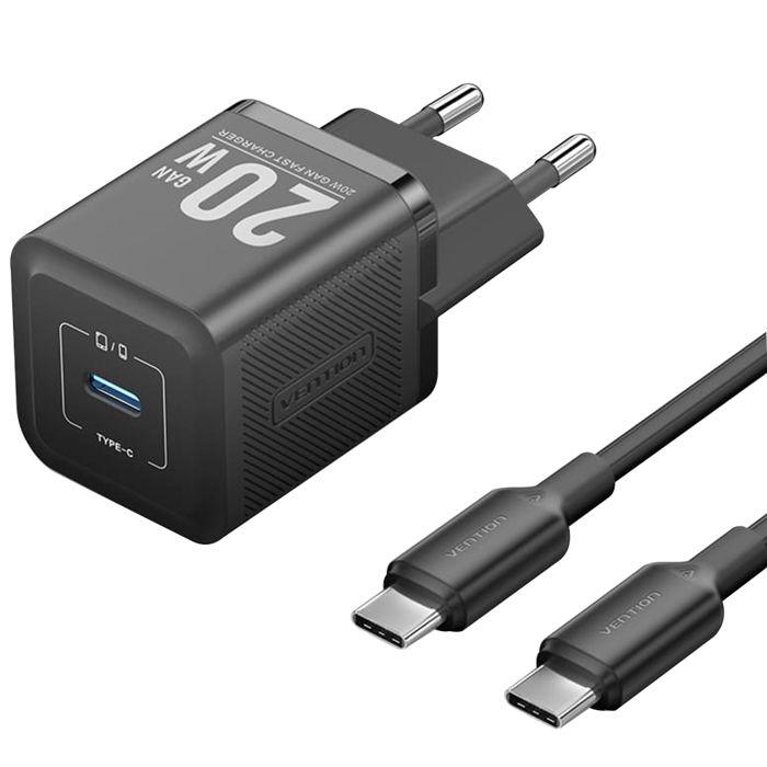 Chargeur De Charbon Pour Prise UE, Type-C, Technologie GaN, 20W, 1m - Vention (TZ-FEPB0-EU-01) - Noir