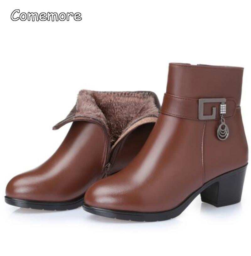 Fashion Comemore Winter Fur Boots High Heels Brown Ladies Heel Boot Adult Fashion Women's Shoes 2025 Genuine Leather Warm Booties Black