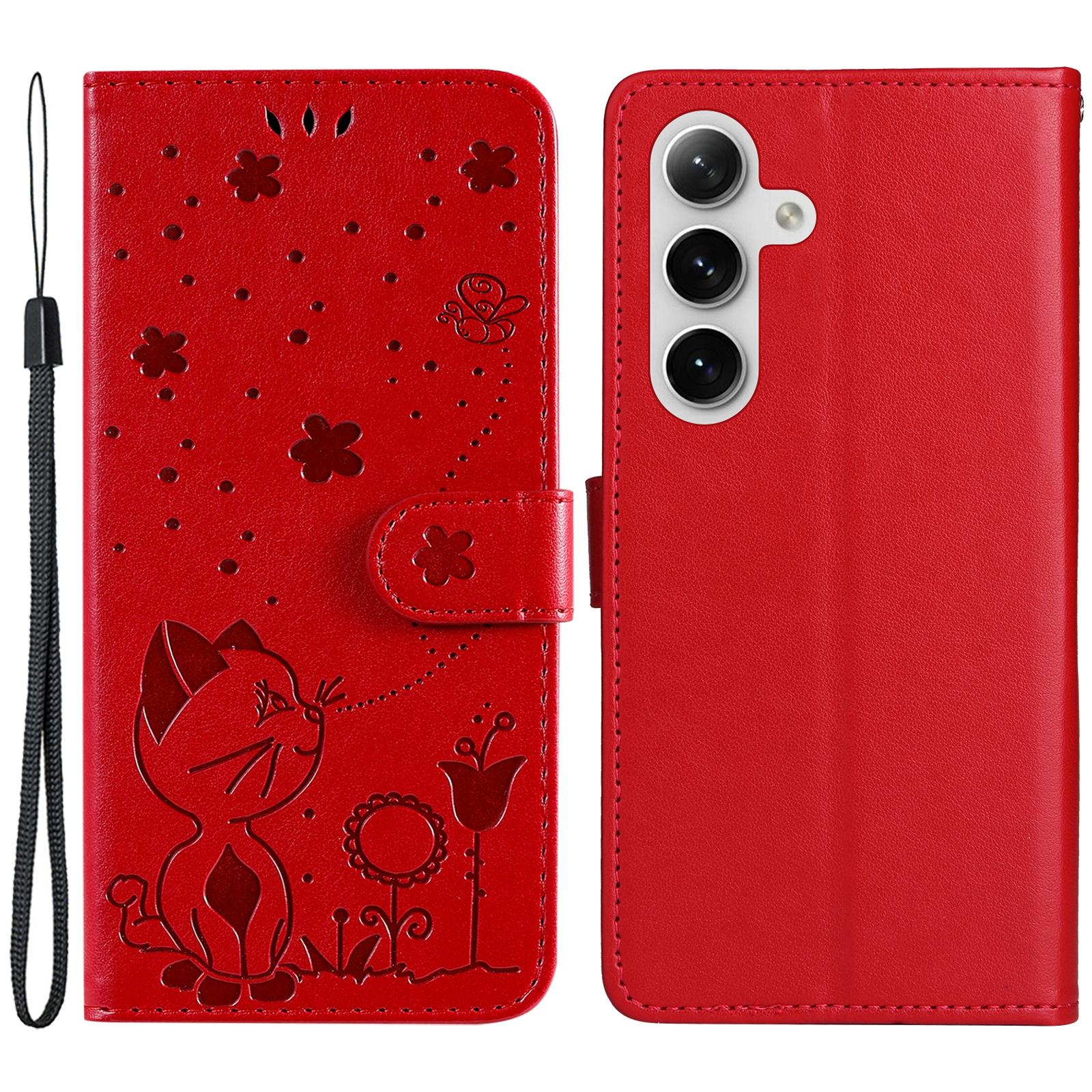 

Шкіряний чохол для Samsung Galaxy S25/S24 з візерунком кота та бджоли, чохол-гаманець з підставкою та ремінцем Red