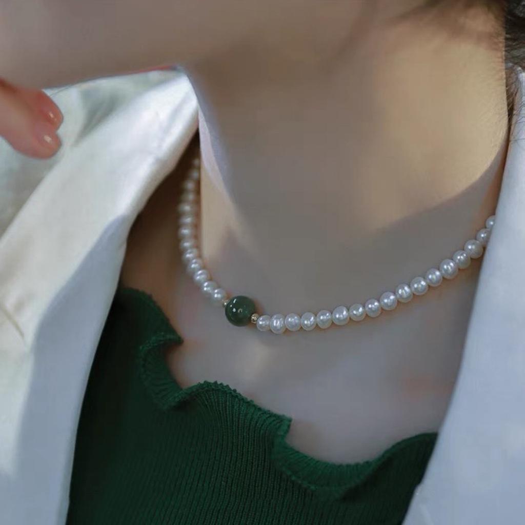 100% Natural Jade Stone & Freshwater Pearl 14K Gold Filled Female Necklace For Women Short Chains Birthday Gifts