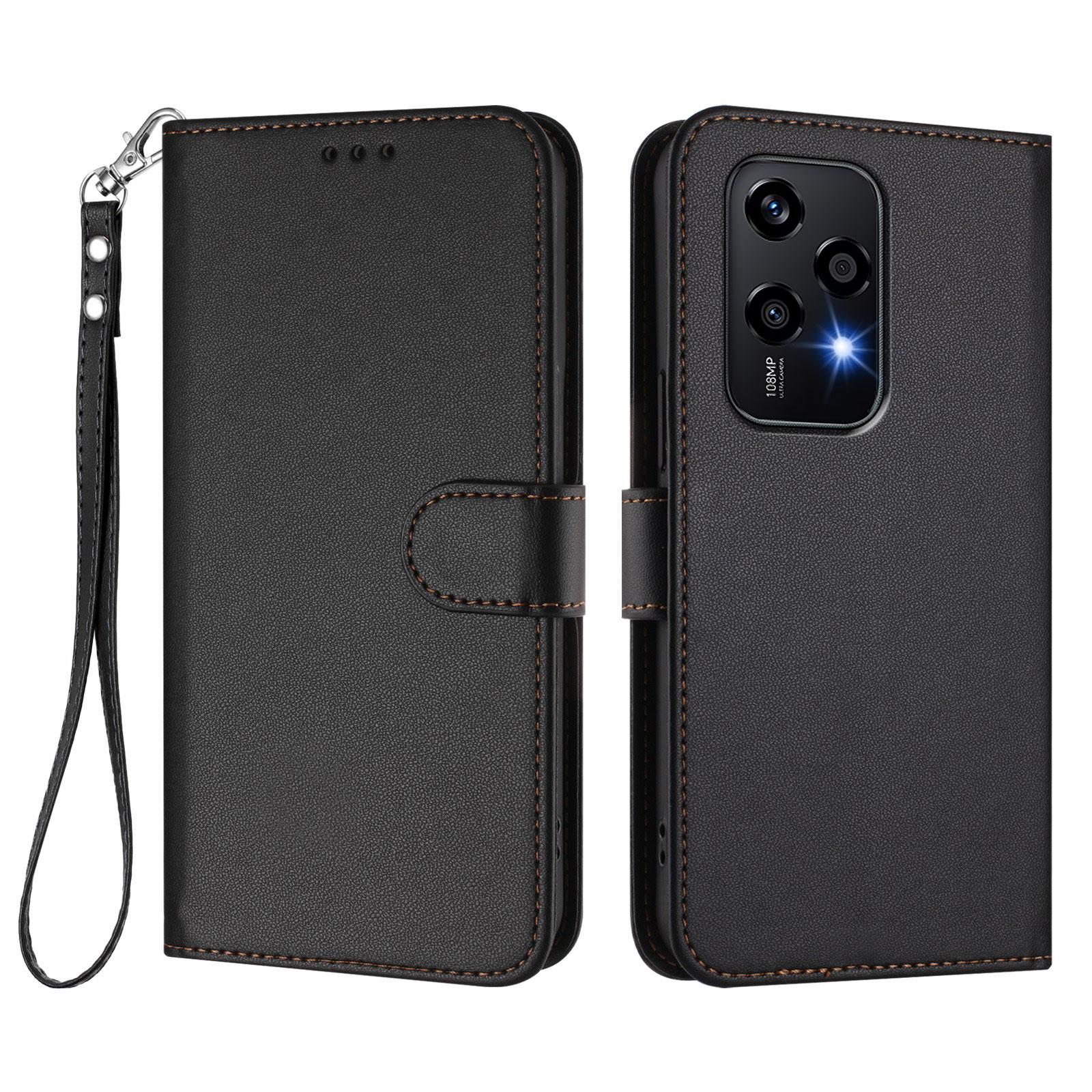 

For Honor 200 Lite Leather Case Wallet Stand Phone Cover with Wrist Strap Black