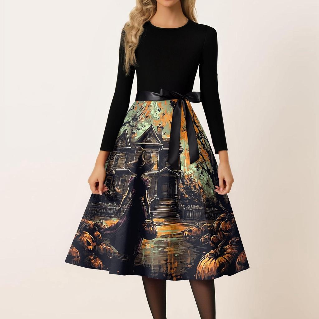 Women's Casual Fashion Round Neck Halloween Printed Vintage Dress