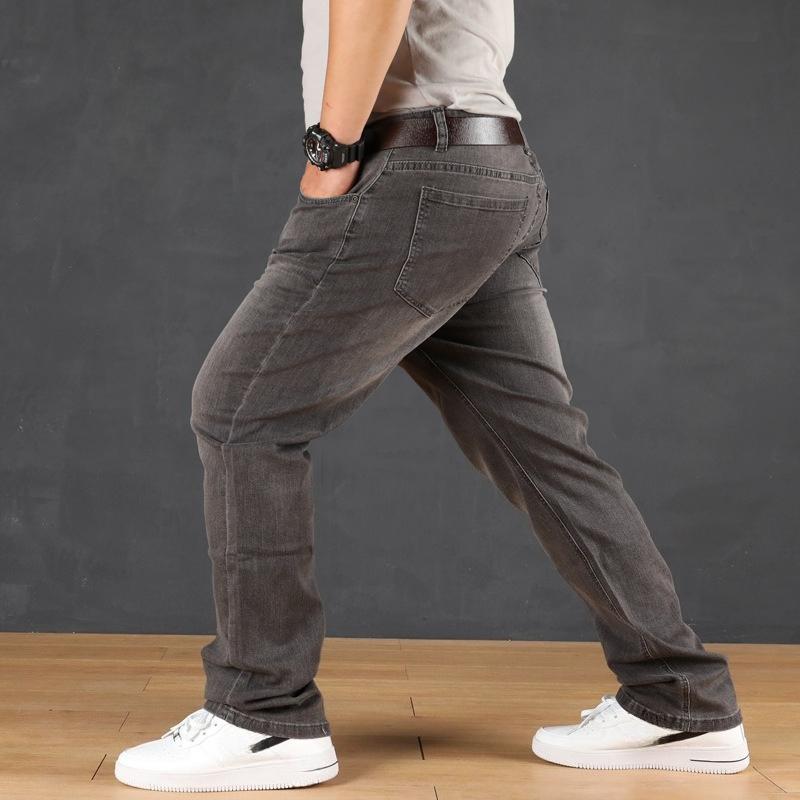 Podzimní džíny s vysokým pasem, vysoce strečové, volného střihu s rovnými nohavicemi pro muže, elastické kalhoty plus size