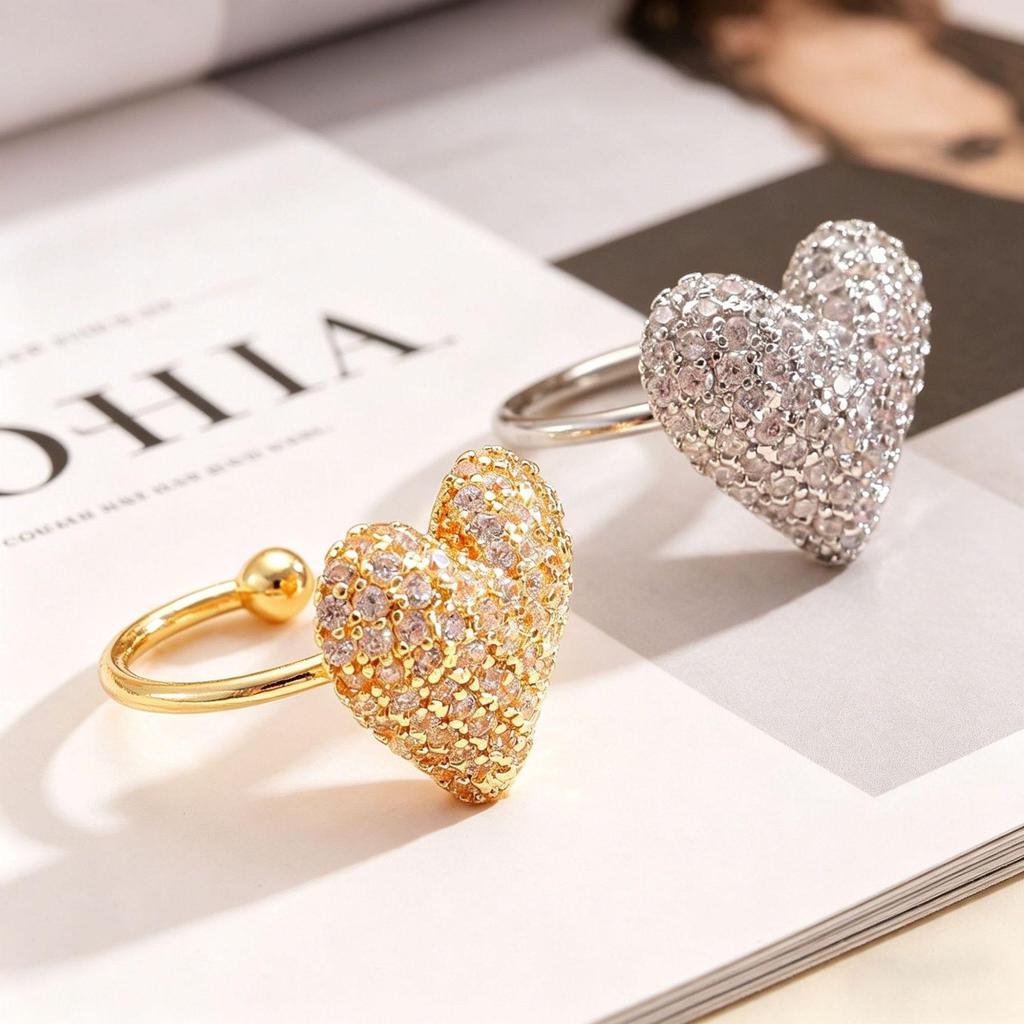 Yanbai Elegant Full Diamond Heart Sparkly Ear Clip - Light Luxury Versatile Fashion Earring for Women