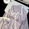 French Floral Ice Silk Long-Sleeve Ruffle Pajamas for Women - Spring & Autumn