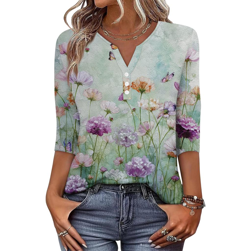 Damen Modisch Lässig Retro Floral Print V-Ausschnitt Knopfleiste Dreiviertelärmel T-Shirt Top