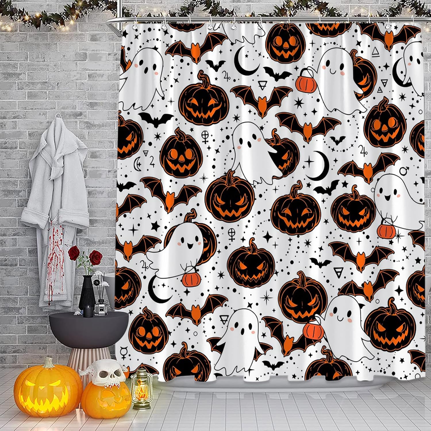 

Halloween Shower Curtain Scary Pumpkins Spooky Ghost Gothic Fantasy Magic Horror Fabric Decorative Bathroom Curtains with 90x180CM