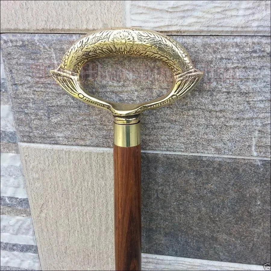 Antique Style Victorian Brass Handle Cane Wooden Walking Stick Vintage Gift Men
