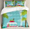 Explore Bedding Set Comforter Duvet Cover Pillow Shams Caravan Camping with Barbeque and Surf Board Bedding Cover Double Bed Set