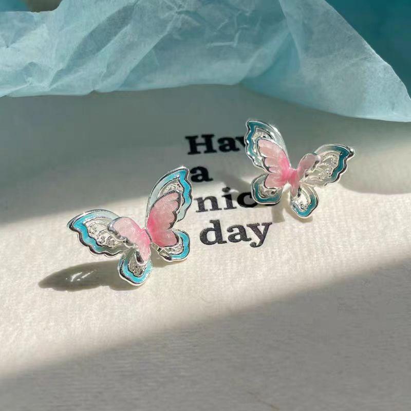 Pink Butterfly Blue Dream~ Sweet Wind Drip Oil Hollow Butterfly Earrings 2025 Summer New Temperament Earrings
