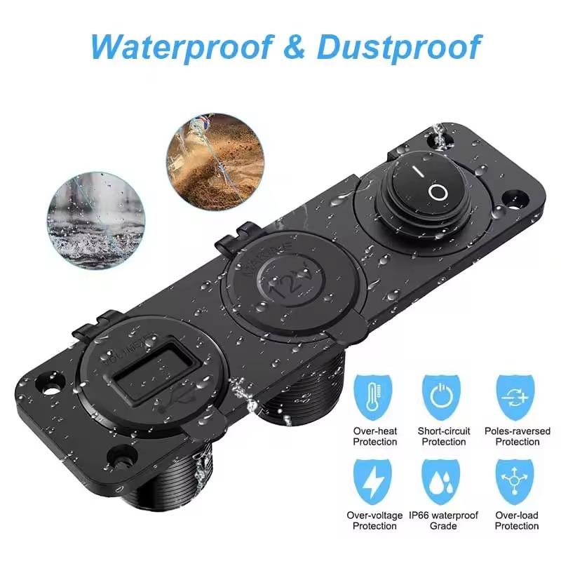 12V USB Outlet Socket Panel Dual Quick Charge 3.0 USB Car Charger Socket Cigarette Lighter Socket ON Off Rocker Toggle Switch