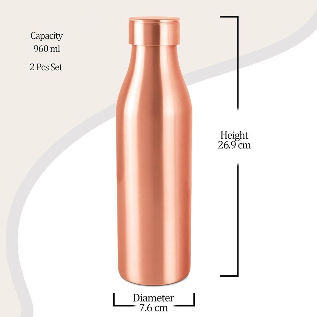 Copper Charge 1000 Water Bottle, Set of 2, 930 ml Each, Copper | 100% Leak Proof | Office | Gym Bottle | Yoga