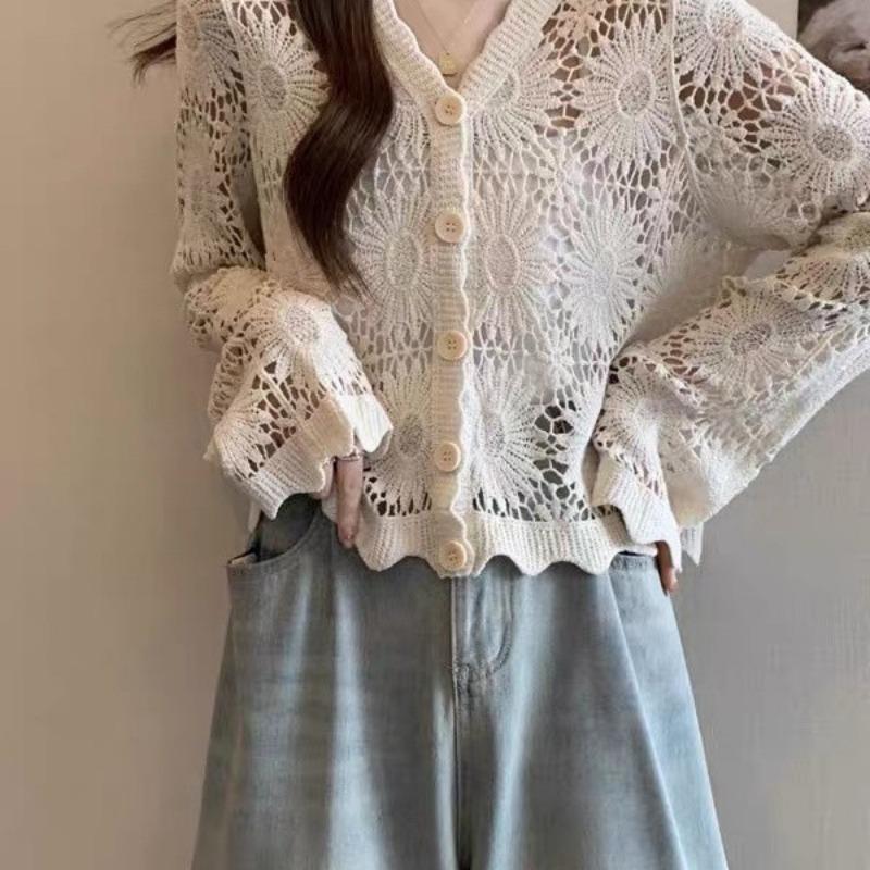 Women S Summer V Neck Cutout Thin Knitted Long Sleeve Cardigan