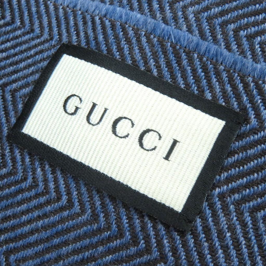 Excellent GUCCI Scarf Herringbone Pattern Fringe Shawl Stole Blue Brown Mens Used