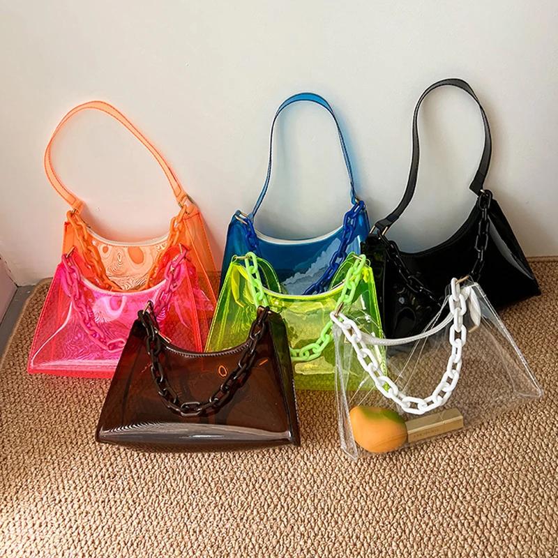 Ladies Jelly Bags Pvc Solid Color Clear Bag Underarm Bags Casual Women Summer Handbags Purse Cell Phone Shoulder Bag