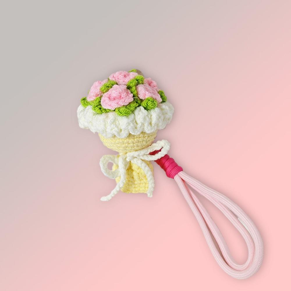 

Valentine S Day Keychain Elegant Hand-Knitted Flower Keychain Rose Bouquet Pendant Charming Mini Flower Ornament For Bag Hanging жовтий