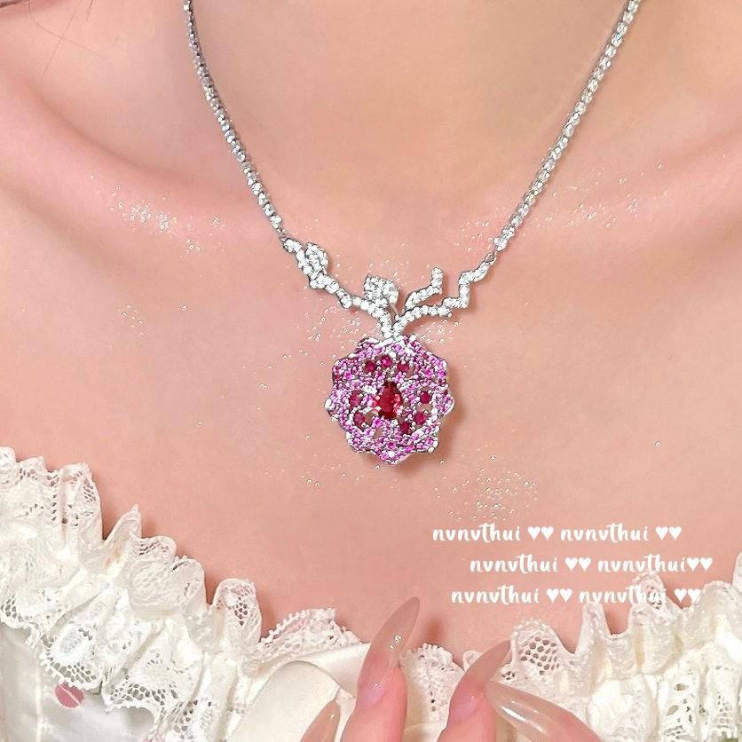 Rouge Magenta Rose Gemstone, Necklace, Antique, Plated With 18K Gold, Vintage Flower Para Zircon, Earrings.