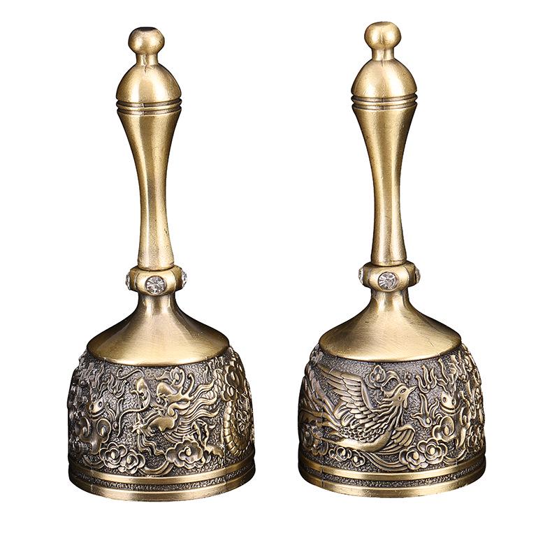 Bronze Dragon & Phoenix Bell - Embossed Metal Hand-Crank Bell for Restaurants, Bars, Dining Tables, and Classrooms
