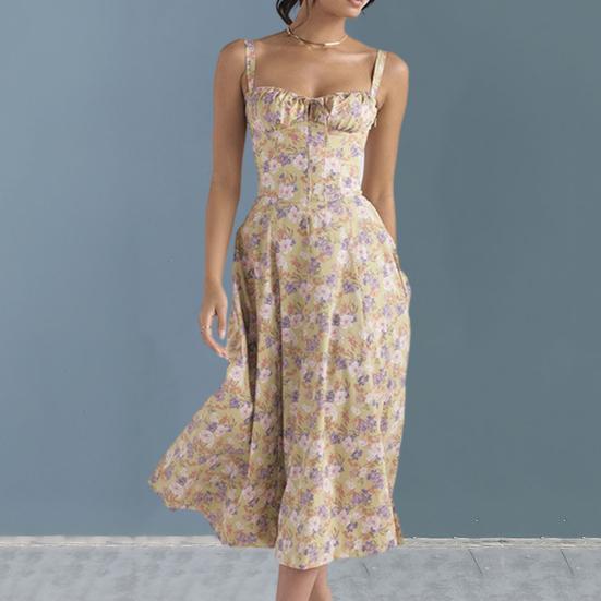 Ladies Dress Low-cut Backless Sleeve Flower Print High Tight Waist High Split Summer Midi Dress Party Prom Beach Dress