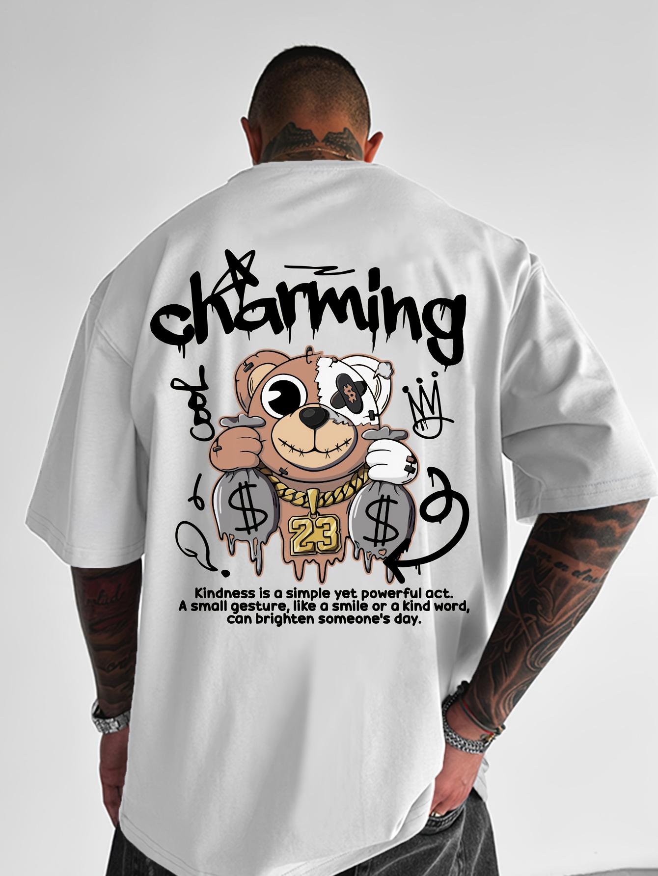 

Summer New Mens Teddy Bear Money Letter Printed Comfortable and Breathable Round Neck Tshirt Outdoor Street Style Top XL