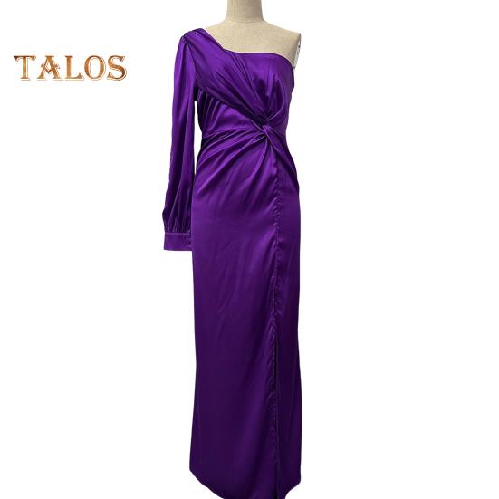 Lady Evening Dress One Shoulder Sleeveless Split Hem Solid Color Slim Waist Pleated Solid Color Off Shoulder Prom Cocktail Party Maxi Dress Ball Gown