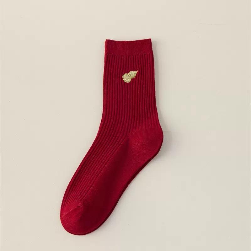 Dark Red Sock Children's Style Winter and Autumn Double Embroidery Wedding and New Year Mid-length Socks