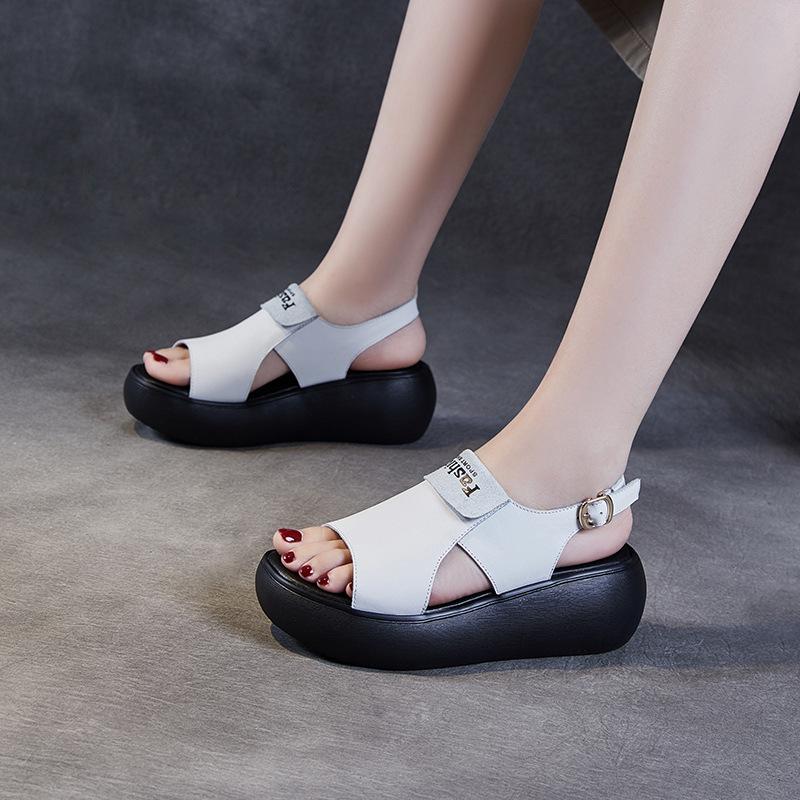 Fashion 6cm New Women Hollow Genuine Leather Peep Toe Breathable Elegant Ankle Booties Wedge Summer Platform Slides Sandals Shoes